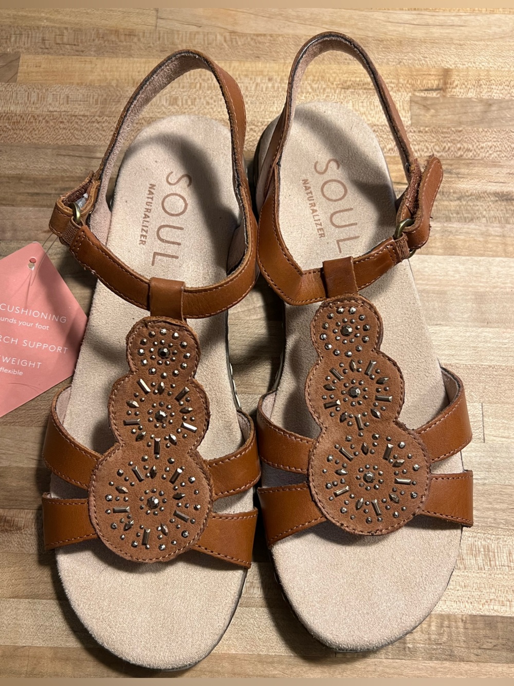 SOUL Naturalizer Tan Laser-Cut Studded T-Strap Sandals